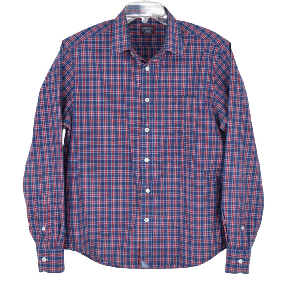 Untuckit Luzon Mens M Plaid Long Sleeve Button Down Shirt Cotton Casual Navy Red